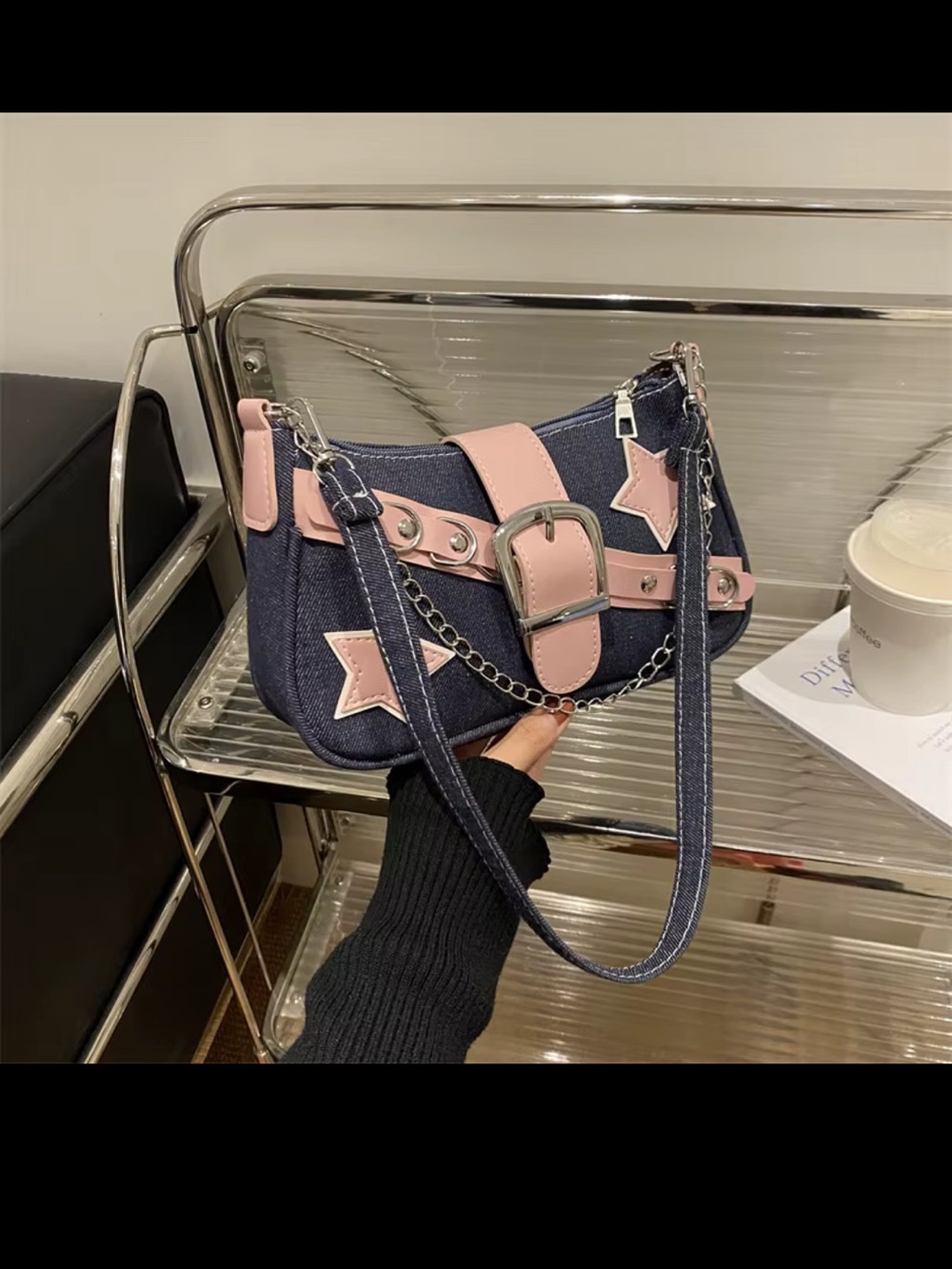 Denim Shoulder Bag with Pink Star Accents
